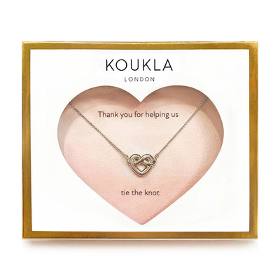 Sterling silver heart knot bridesmaid ‘thank you’ necklace in envelope gift packaging