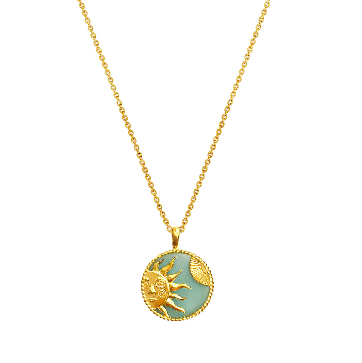 18ct gold plated sterling silver necklace with round engraved sun pendant on amazonite semi precious stone