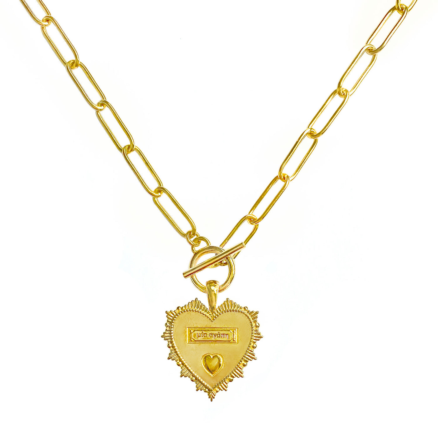 Gold plated brass heart pendant on chunky chain with engraved Greek wording and engraved edging