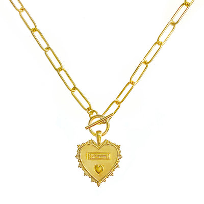 Gold plated brass heart pendant on chunky chain with engraved Greek wording and engraved edging