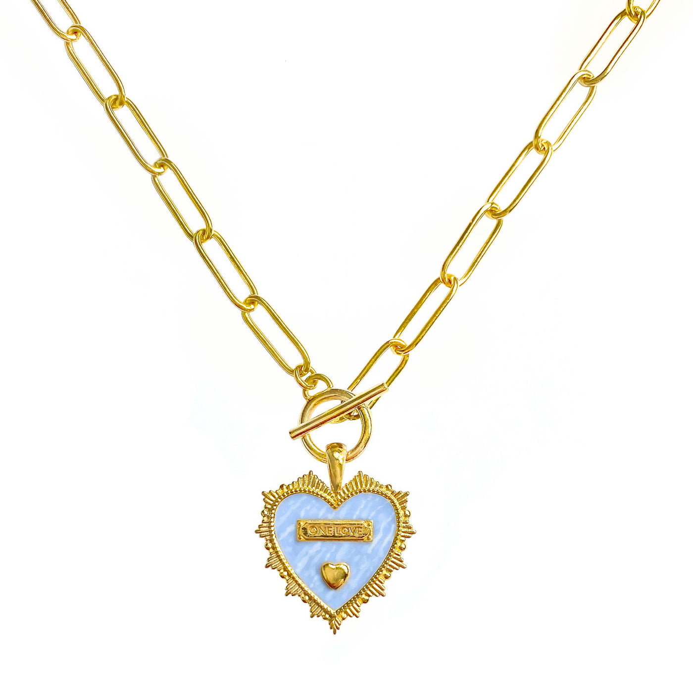 Gold plated brass heart pendant on chunky chain with light blue enamel base, engraved wording and engraved edging