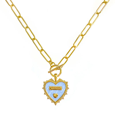 Gold plated brass heart pendant on chunky chain with light blue enamel base, engraved wording and engraved edging